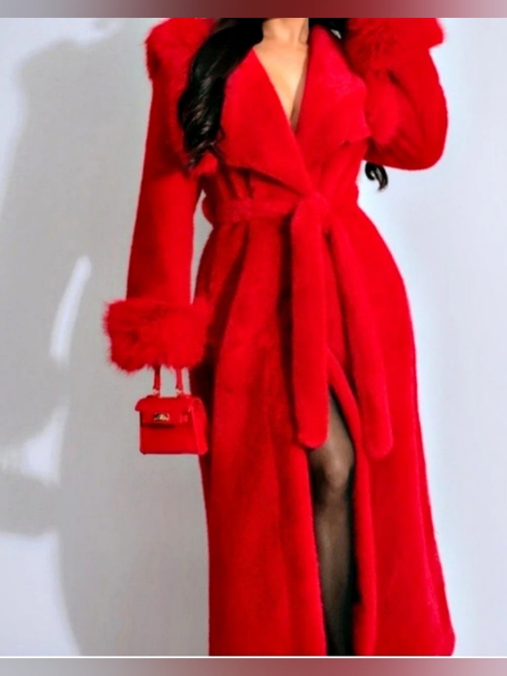 Red Faux Fur Long Coat Like New